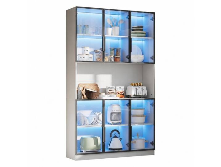 Vitrine blanche 120 cm armoire de salon avec led 6 portes en verre MDF 120x34x200cm