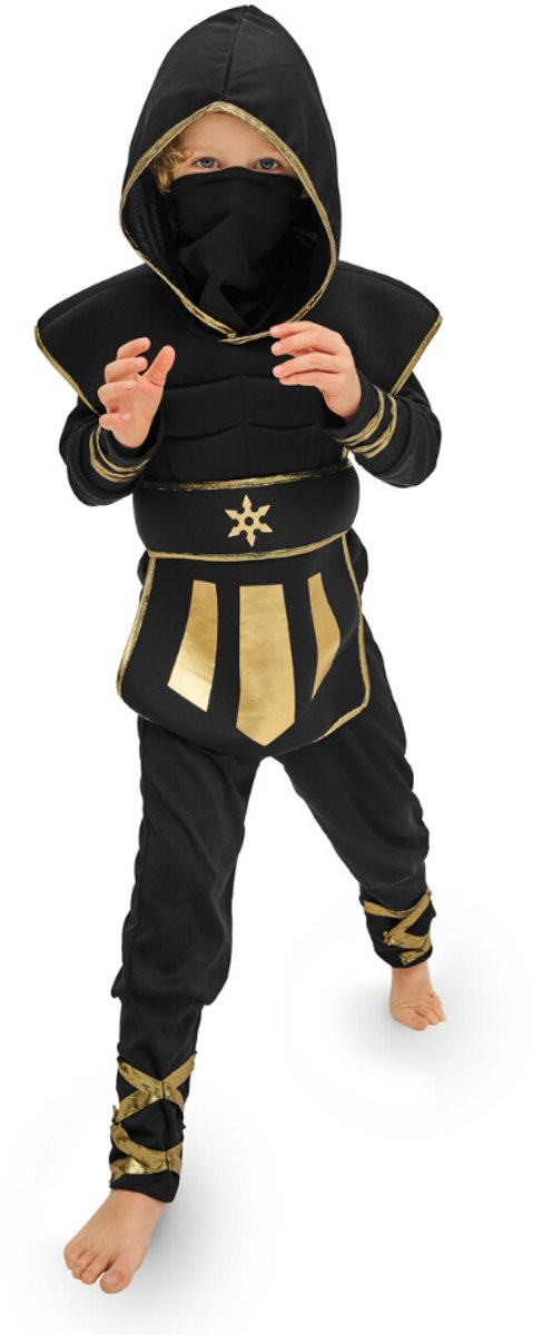 Ninja Verkleedpak Kind Zwart/Goud - Maat 116-128