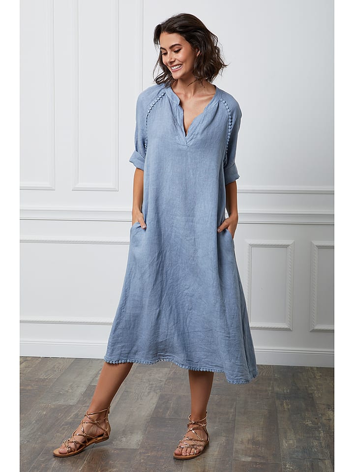 Fleur de Lin Leinen-Kleid "Granel" in Hellblau - XL