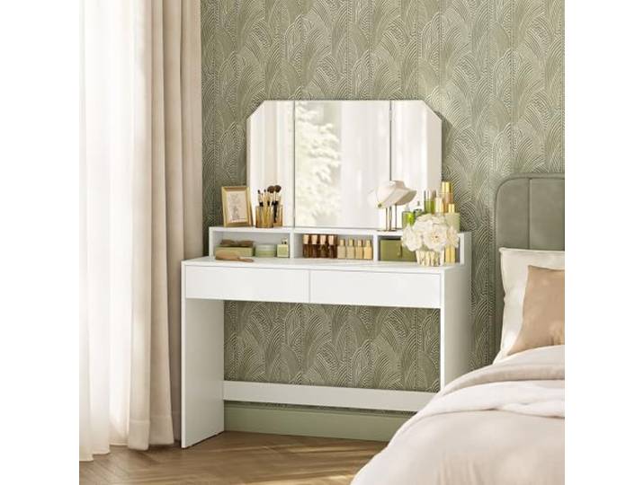 VASAGLE Schminktisch, mit Klappspiegel und 2 Schubladen, 3 offenen Fächern Frisiertisch, Kosmetiktisch, Frisierkommode für Make-up, modern, wolkenweiß, KAILYN Kollektion RDT115W01