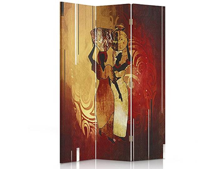 Feeby Paravent Afrika Frauen Kannen 110x150 cm 3 Teilig Modern Design beidseitig Raumteiler Wandschirme Foto Trennwand Raumtrenner Sichtschutz Spanische Wand auf Leinwand Bedruckt Braun Orange