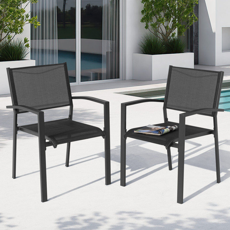 Rebrilliant Outdoor Stackable Textilene Dining Chairs Set, Black Black 2 pack