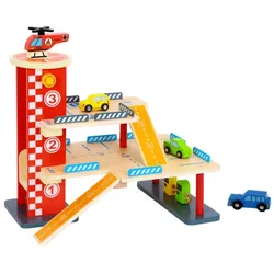 Tooky Toy Holz-Parkhaus TL698, 22-tlg, 3 Etagen, Tankstelle, 3 Autos, Landeplatz bunt