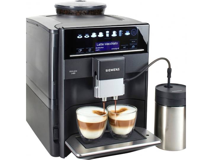 SIEMENS Kaffeevollautomat EQ6 plus s400 TE654509DE, Doppeltassenfunktion, Keramikmahlwerk , schwarz (saphirschwarz metallic), B:28cm H:38,5cm T:46,5cm, Kaffeevollautomaten, viele Kaffeespezialitäten, automatische Dampfreinigung, saphirschwarz, Kaffeevollautomat