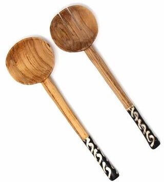 Global Crafts Handmade Olive Wood Serving Utensils with Natural Batik Bone Handles (Kenya)