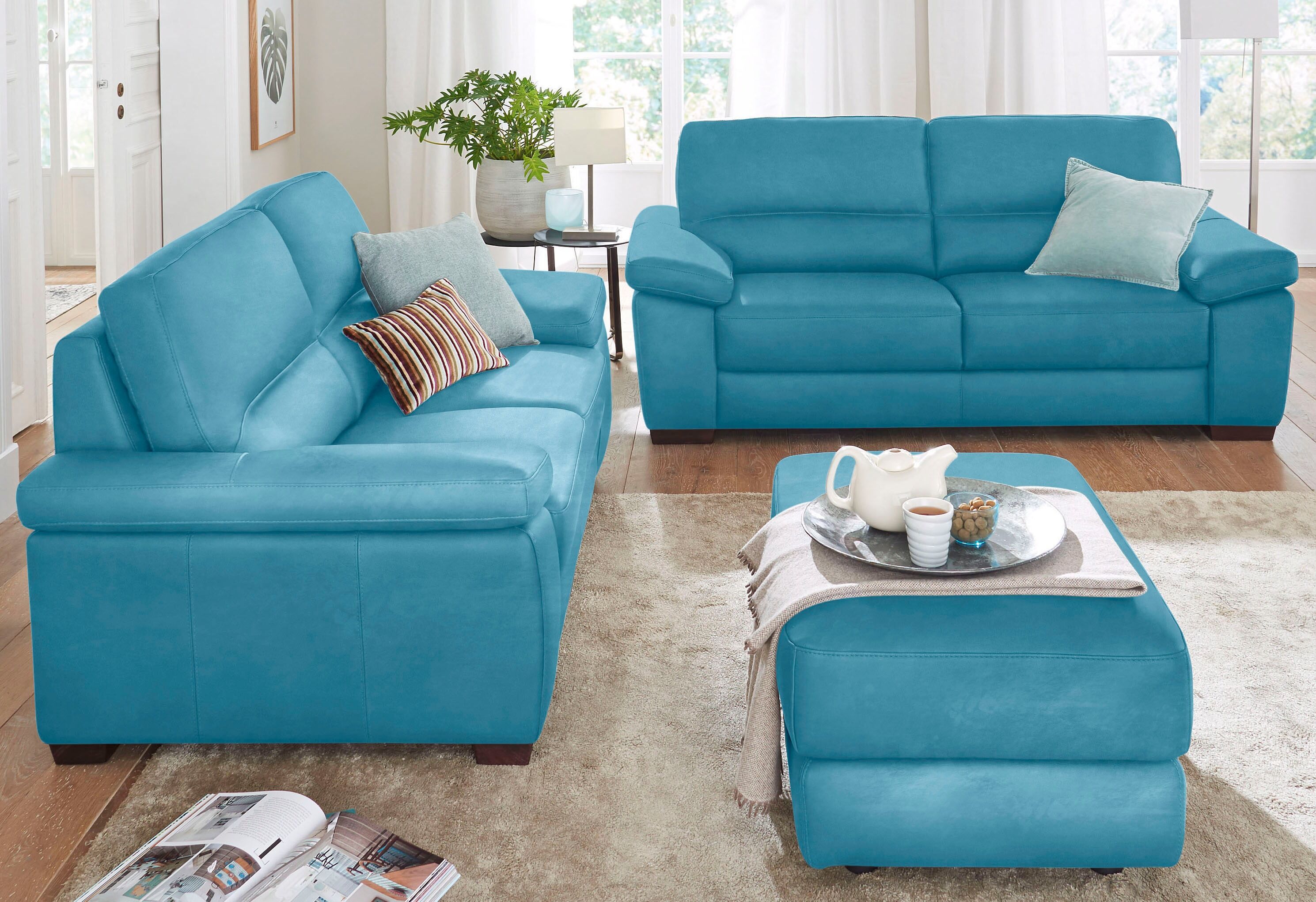 Polstergarnitur CALIA ITALIA "Gaia, hochwertige Garnitur aus 2-Sitzer & 3-Sitzer im edlen Design", blau (turquoise), Luxus-Microfaser GINEVRA, Luxus-Microfaser Ginevra (100% Polyester), Sitzmöbel-Sets, Polstergarnitur, aus pflegeleichtem Luxus-Microfaser 