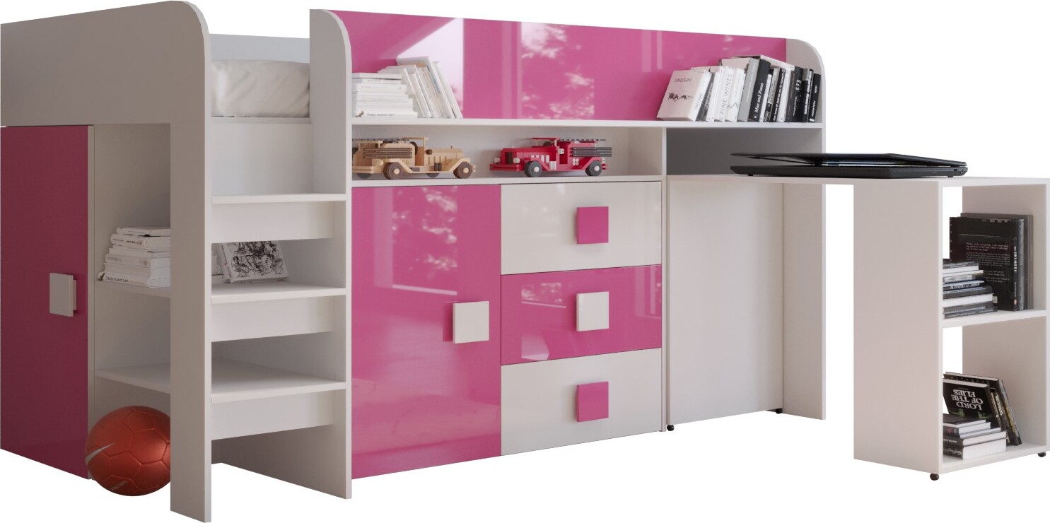 Etagenbett für Kinder Toledo 1 Stockbett mit Treppe und Bettkasten (Weiß + Rosa Glanz)