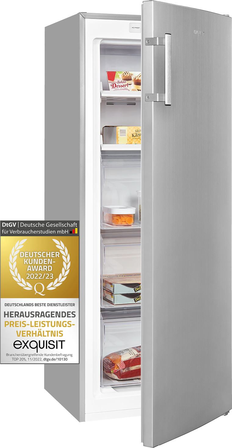 Exquisit Gefrierschrank GS231-NF-H-040D inoxlook | 161 l Nutzinhalt | NoFrost | Umluftkühlung | LED-Anzeige | Wechselbarer Türanschlag | Edelstahloptik