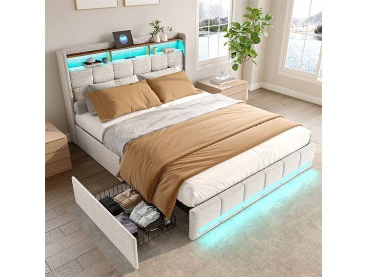 Lit Double 140x200cm - Lit Adulte 140x200cm avec 4 Tiroirs&LED et Prises USB/Type-C - Sans matelas - Beige