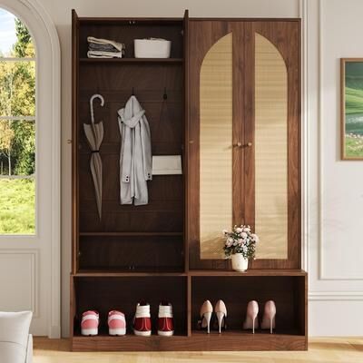 Farmhouse Hall Tree with Rattan Doors, Versatile 4-In-1 Seating Bench with 6 Hooks