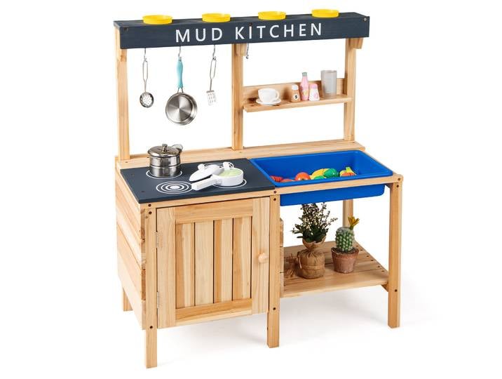 Cuisine de jeu extérieure pour enfants avec évier et accessoires amovibles, cuisine pour enfants en bois avec armoire