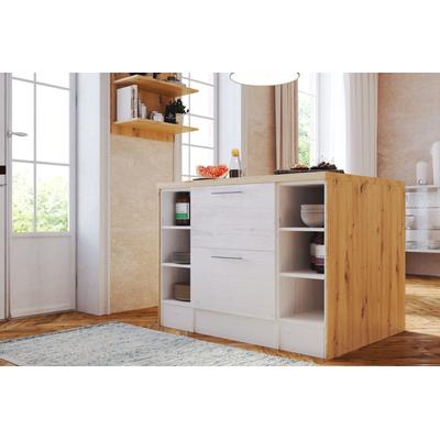 Kücheninsel RESPEKTA "Anton", weiß (küche: weiß, front: lärche weiß nachbildung, korpus: wildeiche nachbildung, arbeitsplatte: wildeiche nachbildung), B:124cm H:91cm T:90cm, Komplettküchen-Sets, Breite 124 cm, mit Soft-Close