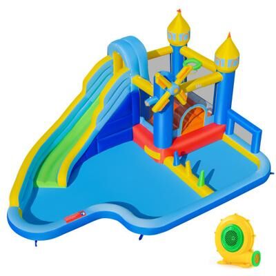 Costway Windmill-themed Inflatable Water Slide Park with Jumping Area and Blower