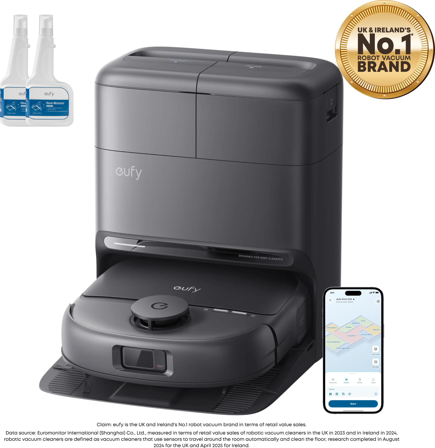 eufy Omni C28 Robot Vacuum and Mop with 2 bottles of eufy Floor Cleaning Solution