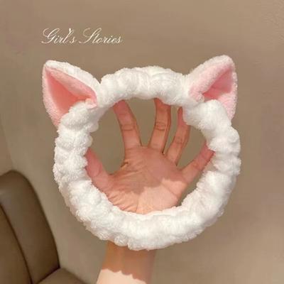 Inspired Finds CuteCat Coral Plush Hairband Soft Bow & Cat Ear Headband For Face Wash, Makeup & Skin Care white