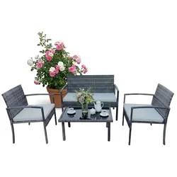 Relaxdays 4-teiliges Gartenmöbel Set Rattan Creme,Grau