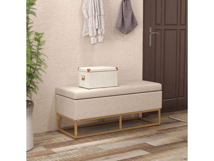 HOMCOM Banc Coffre Beige/Doré Capitonné Pieds Acier 110cm