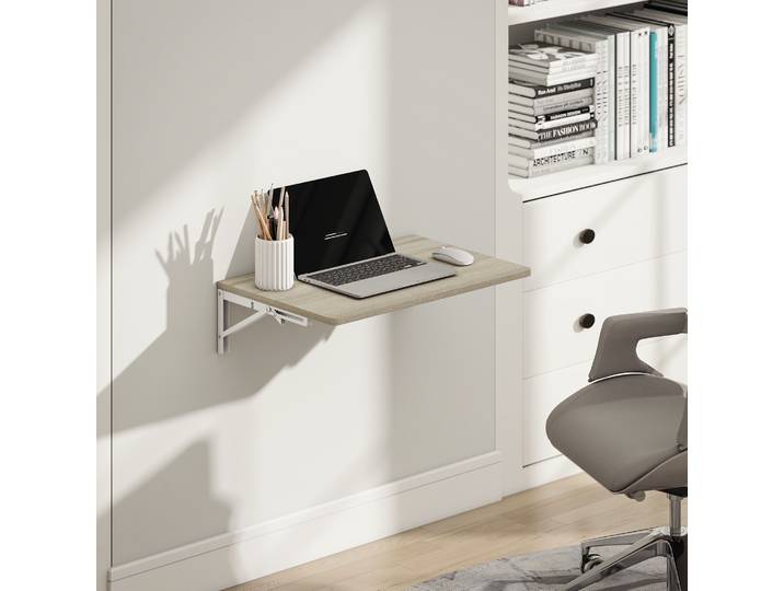 HOMCOM Bureau Mural Pliant 60x40cm Chêne Gain de Place