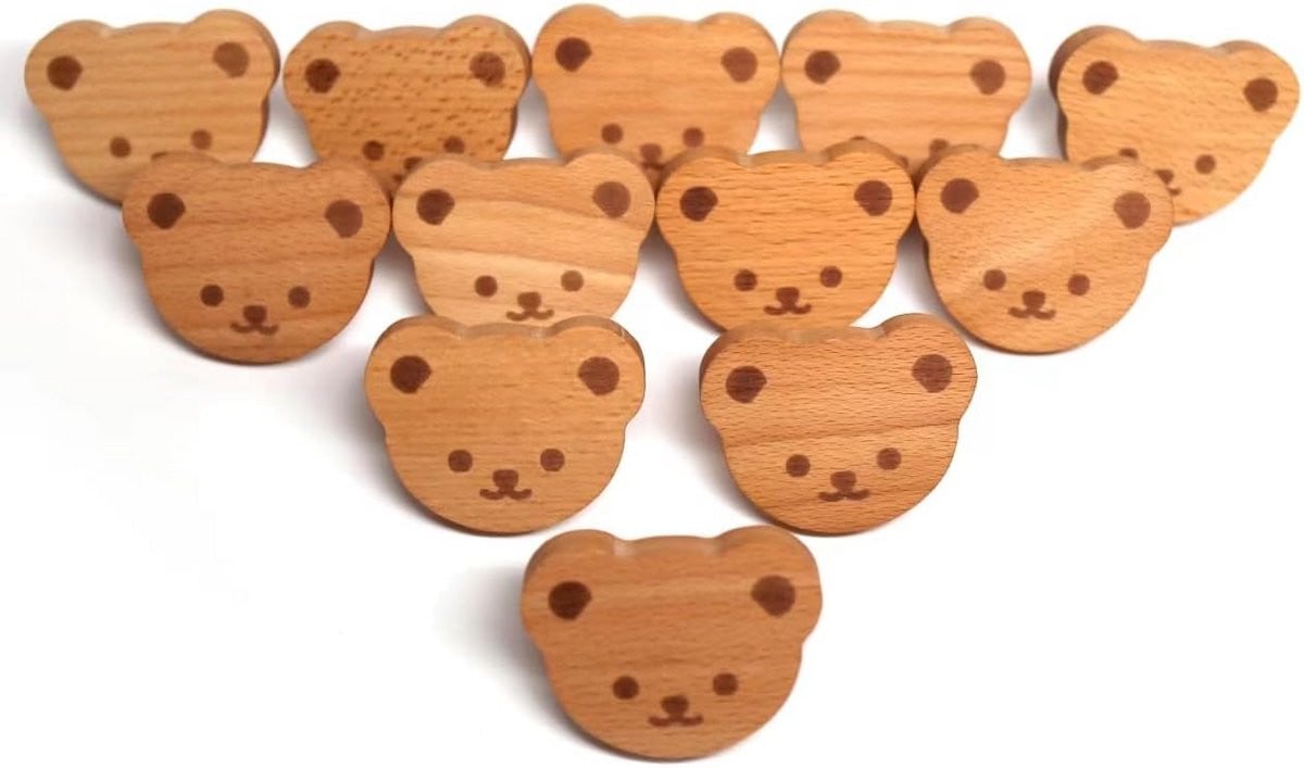 Set van 12 houten meubelgrepen in natuurlijke berenvorm, houtkleur