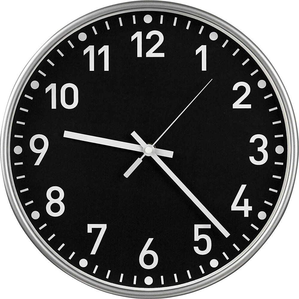 kaiserkraft Wanduhr, Quarzuhrwerk, Ø 300 mm, Gehäuse silber, Zifferblatt schwarz
