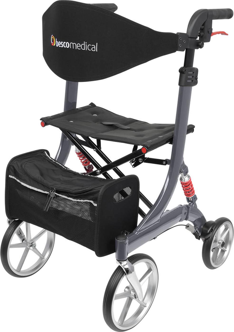 Leichtgewicht Rollator SPRING - Gehhilfe mit Komfort-Federung - höhenverstellbar & faltbar - Modell S Graphitgrau - Bescomedical