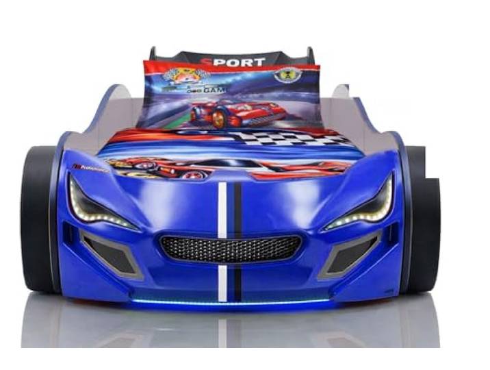 Aileenstore Autobett Turbo GTE 90x200 cm Blau – Kinderbett im Rennwagen-Design mit LED-Beleuchtung, Sound & Fernbedienung, inkl. Lattenrost