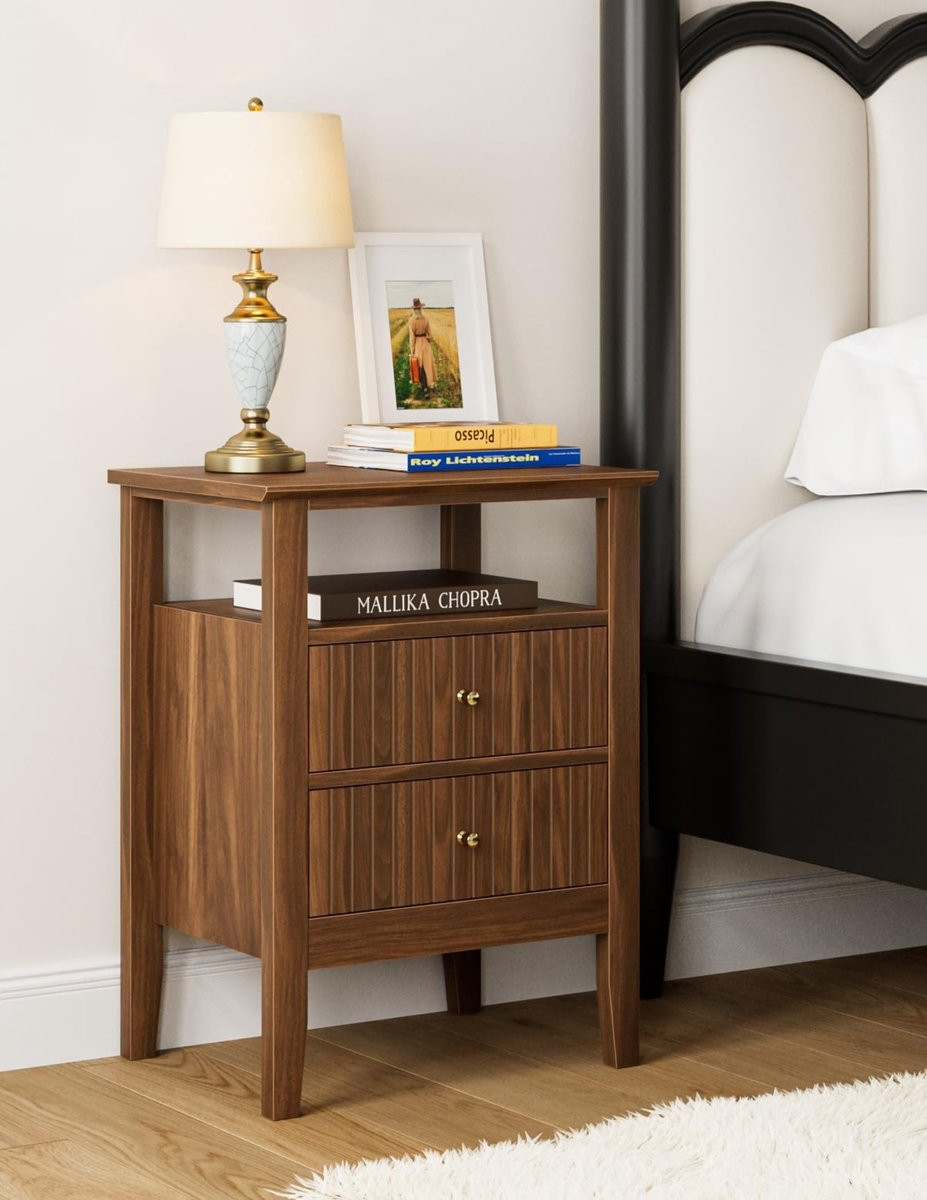 Heyzoey Retro Nachtkastje met 2 Laden, Massief Houten Boho Nachtkastje voor Slaapkamer en Woonkamer, Château-n
