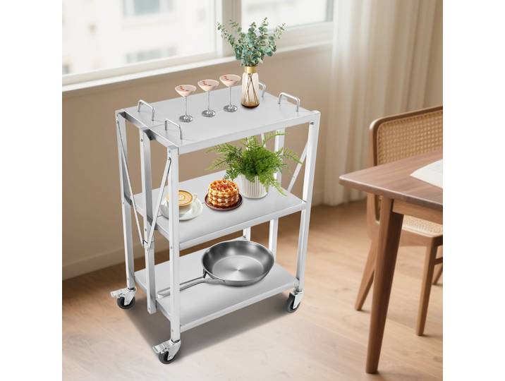 Chariot utilitaire de cuisine pliable à 3 niveaux en acier inoxydable avec roues et freins, chariot de rangement robuste pour la maison, le restaurant et le café