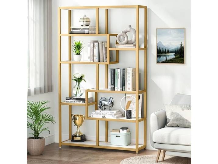 TOPESCT Bibliothèque à 8 Étagères Bibliothèque180 cm Étagère de Rangement Cadre en Acier Bibliothèque séparateur de pièce，Doré