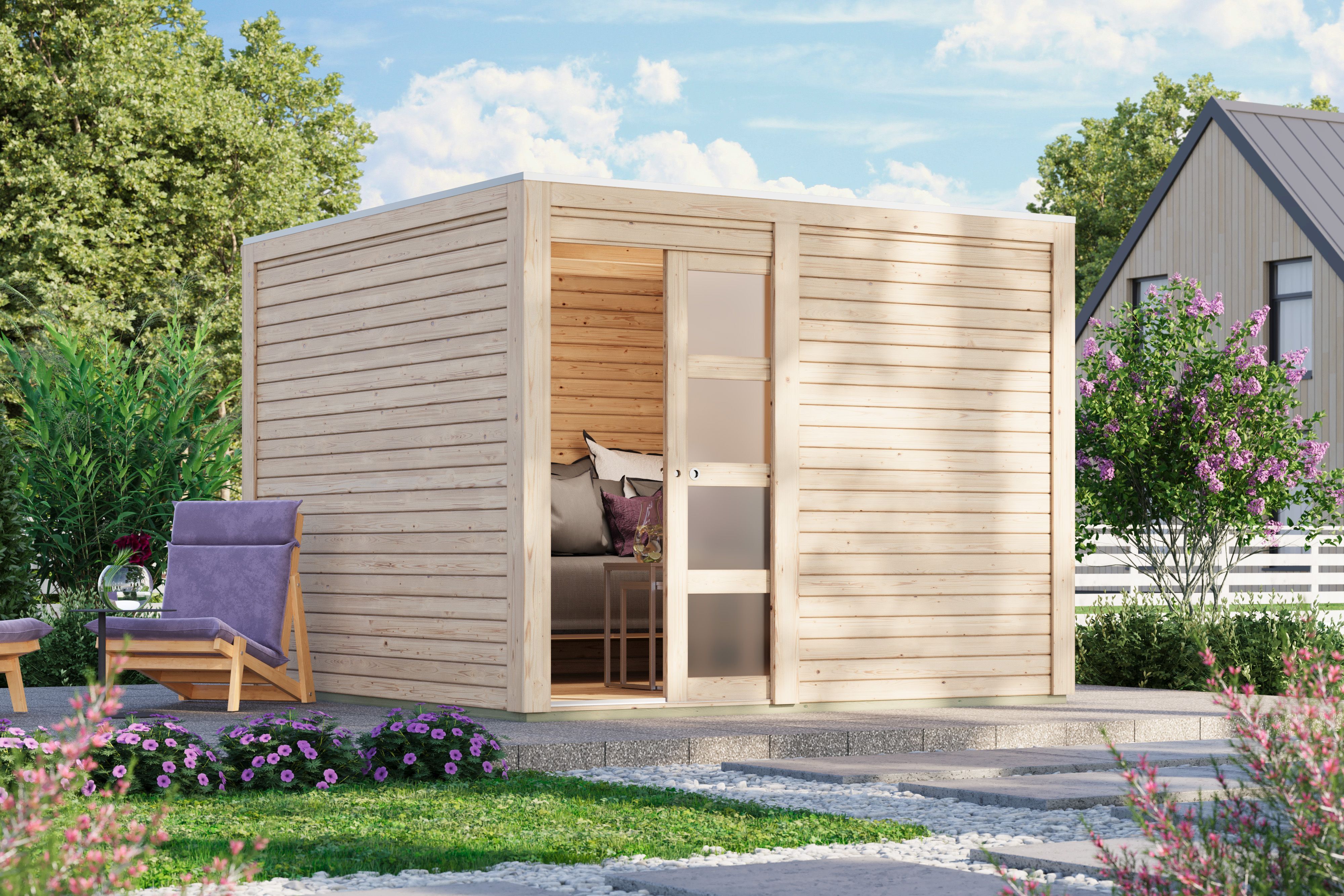 Gartenhaus KONIFERA "Coiba 2", beige (naturbelassen), Fußboden im Gartenhaus, Dachfolie, Massivholz, Gartenhäuser, Gartenhaus