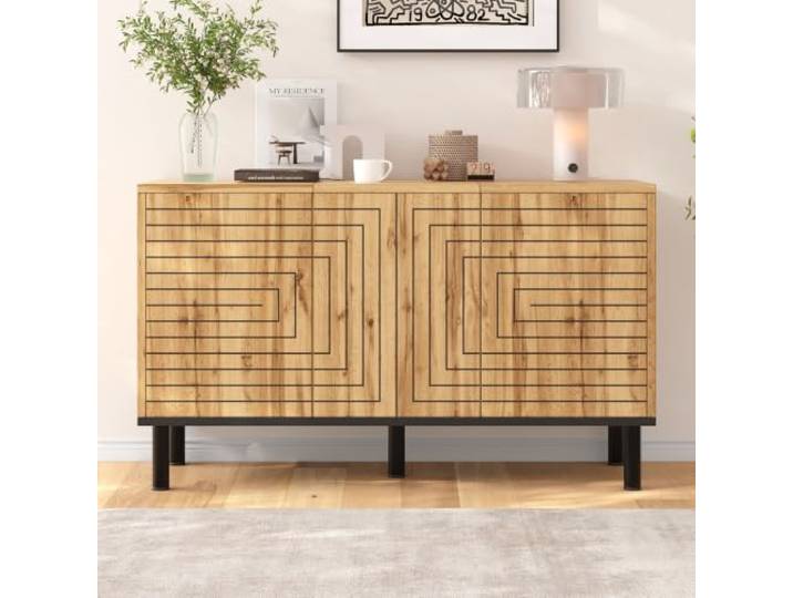 ModernLuxe Sideboard mit 3 Türen, Kommode mit Push-to-Open und Wellenmuster,Aufbewahrungsschrank in Holzoptik für Wohnzimmer, Esszimmer, Flur und Arbeitszimmer, 120 × 35 × 68 cm