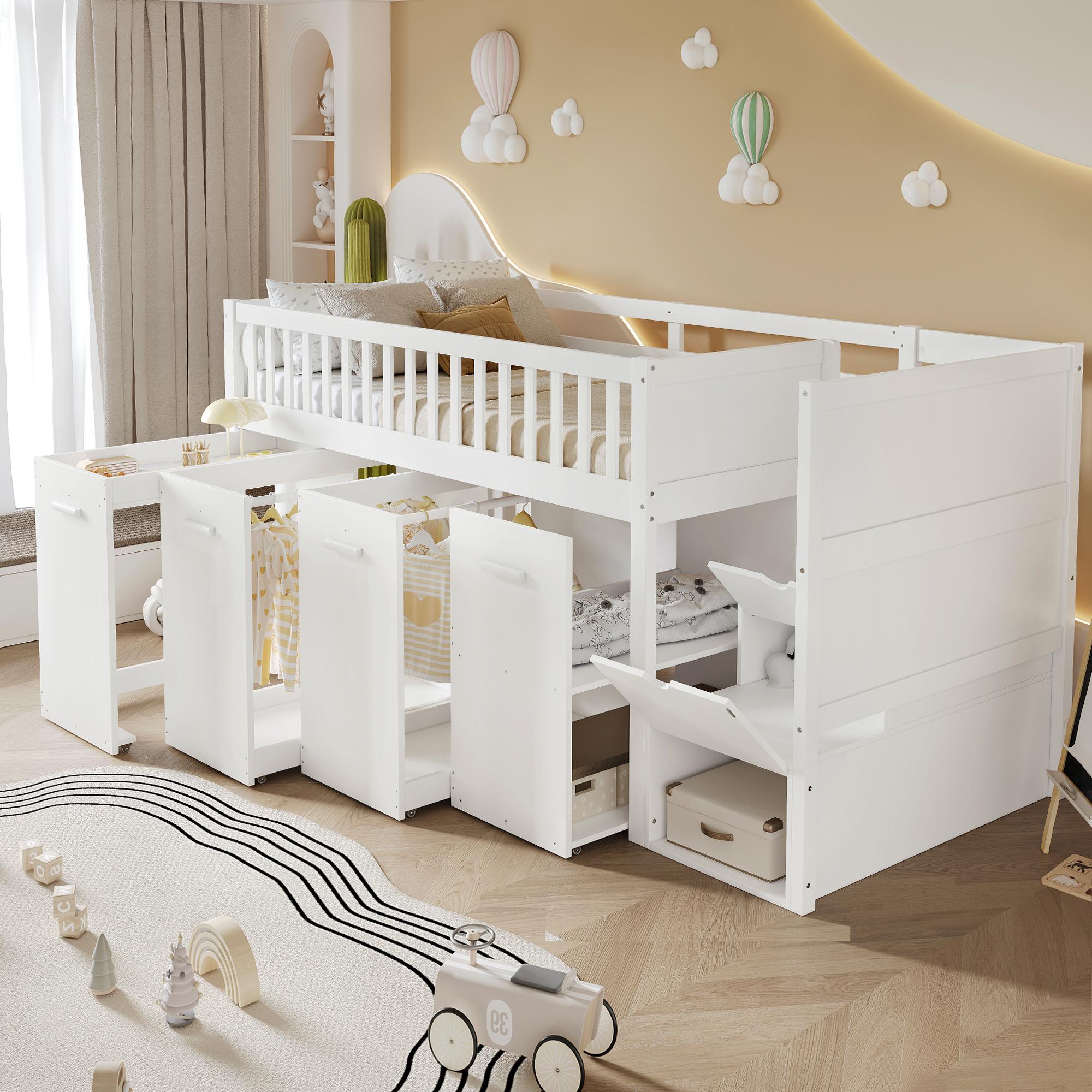Flieks Etagenbett 90x200cm mit Herausnehmbarem Schreibtisch, Kinderbett Hausbett mit Gaderobe & Schrank, Hochbett mit Treppe, Stockbett Holzbett, Weiß