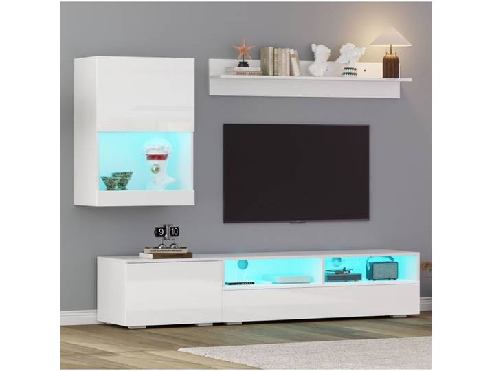 Meuble TV mural 175x39x34 cm EVRYAE - avec LED et rangement multimédia module mural et étagère - Blanc