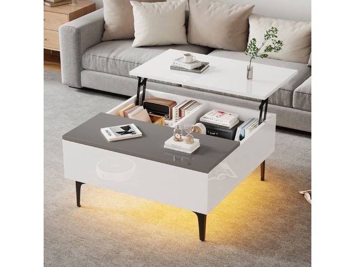 Table basse 70*70*35cm table basse réglable en hauteur avec espace de rangement caché et étagères table de salon blanche brillante