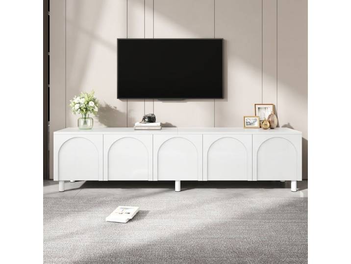 Meuble TV Lowboard 5 portes arc moderne pieds métal PB/MDF rangement câbles - Long 180 cm - Blanc