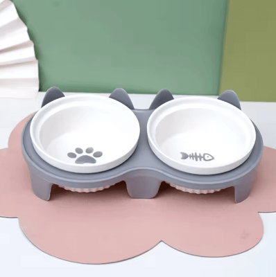 Inspire Picks ElevaBowl Ceramic Double Pet Feeding Station For Cats & Small Dogs gray