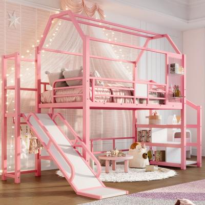 Telepassa Metal Playhouse Loft Bed with Storage Shelves