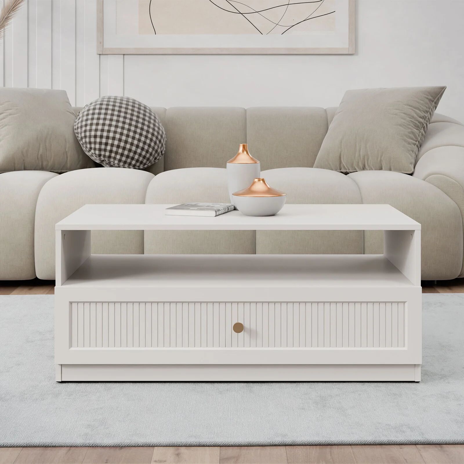 garneroarredamenti Tavolino da salotto 100x55cm cannettato 1 cassetto beige cashmere Rolly