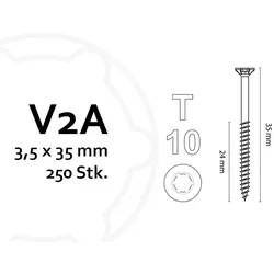KAHRS Holzbauschrauben, 3,5x35 mm, V2A, TX10, 250 Stk./VE, mit verstärktem Senkkopf