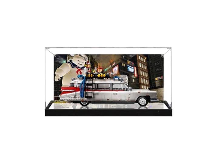 HALFS Acryl-Vitrine für Ziegel-Modell-Sets, Icons Ghostbusters ECTO-1 10274 Auto, staubdichte Displaybox, kompatibel mit Ziegelmodell-Sets, Geschenk (Hintergrund D)
