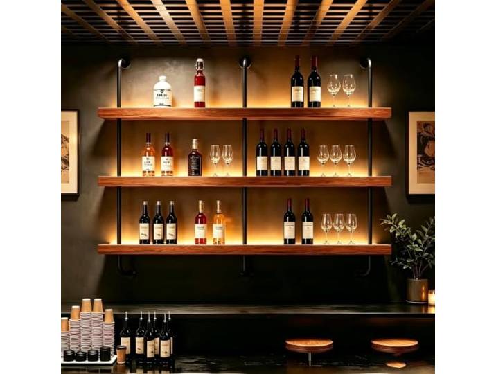 Alkmla Weinregal Wand 3 Ebenen Weinflaschenhalter Wandmontage, schwebendes Barregale Wand für Bar, Wohnzimmer & Restaurant，Walnut：3 Tiers：80cm