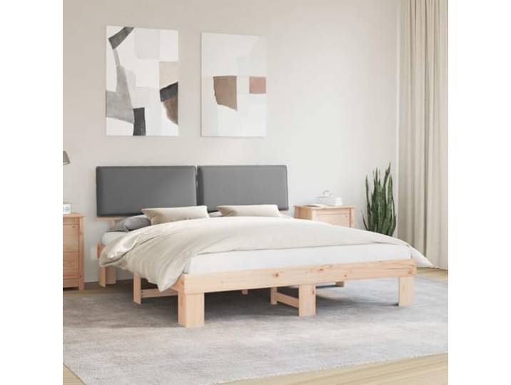 Kiefernholz gepolstertes Kopfteil Modernes Design 200 x 200 cm Hellgrau Bettgestell mit gepolstertem Kopfteil Hellgrau 200 x 200 cm Massivholz Kiefer Stabiler Lattenrost Modernes Design
