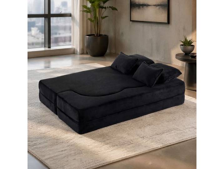 WOVREO Canapé-lit de sol convertible 2 places noir en velours mousse haute densité 4 coussins