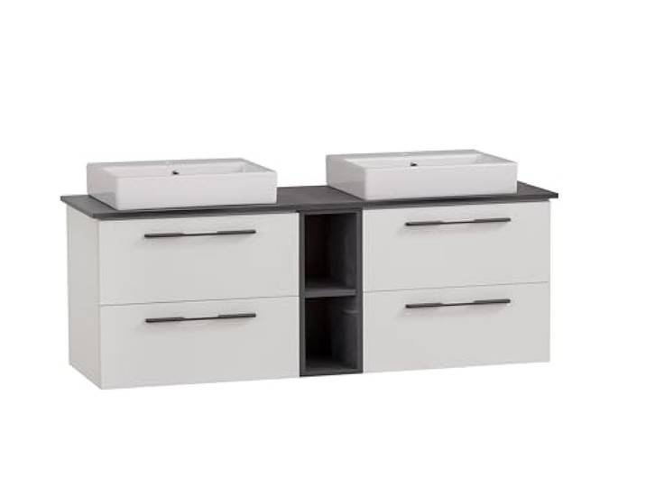 Schildmeyer Waschtisch Doppelwaschtisch Maxim 701856, eckiges Aufsatzbecken, weiß matt/Marmor Optik
