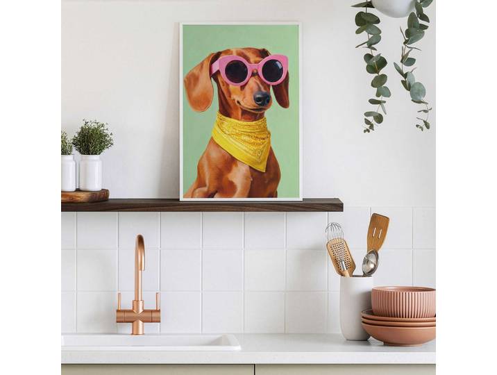 Bild mit Rahmen REINDERS Trendiger Dackel , farbe bild(er): mehrfarbig, B:20cm H:30cm T:1,6cm, MDF, Papier, Bilder, Bild mit Rahmen, Hobbyraum - Mehrfarbig - Papier,MDF - Tiere - 20x30 cm