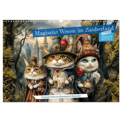 Magische Wesen im Zauberland - Fantasie-Tiere im Steampunk-Kalender (Wandkalender 2027 DIN A3 quer), CALVENDO Monatskalender