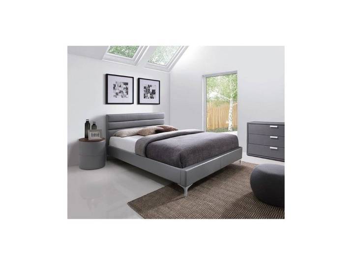 Ensemble lit THOMAS 160x200 avec sommier + 2 tables de chevet rondes – Gris et bois