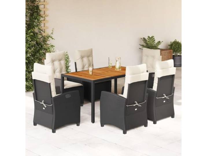 HEFZGDB 7-TLG. Garten-Essgruppe mit Kissen Schwarz Poly Rattan, Outdoor Esstischgruppe mit Verstellbarer Rückenlehne und Akazienholz Tischplatte, pflegeleichtes PE-Rattan,