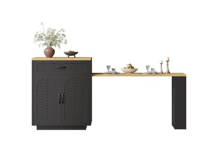 Ropilly Kücheninsel mit ausziehbarem Tisch, MDF, Schwarz Ausziehbarer Tisch, 2 Schubladen, 4 Türen und Weinregal für Küche und Essbereich