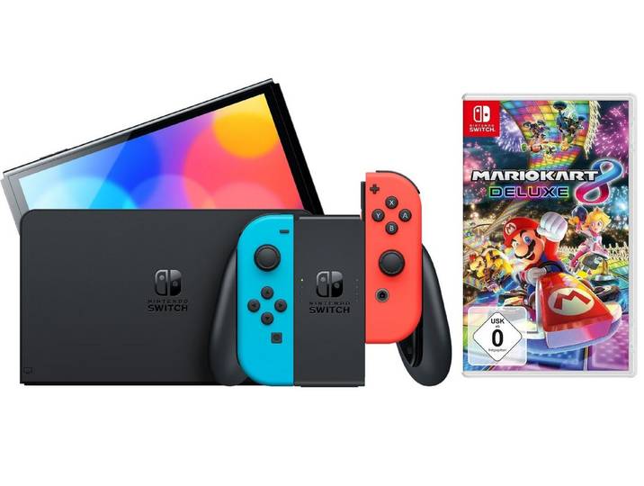 Nintendo Switch OLED Konsole Schwarz Blau Rot (inkl. Mario Kart 8 Deluxe Spiel), Handheld Spielekonsole Neonrot/Neonblau Set